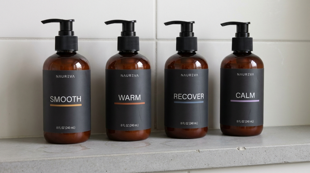 The four Naureva ritual oils lined up: Smooth, Warm, Recover and Calm